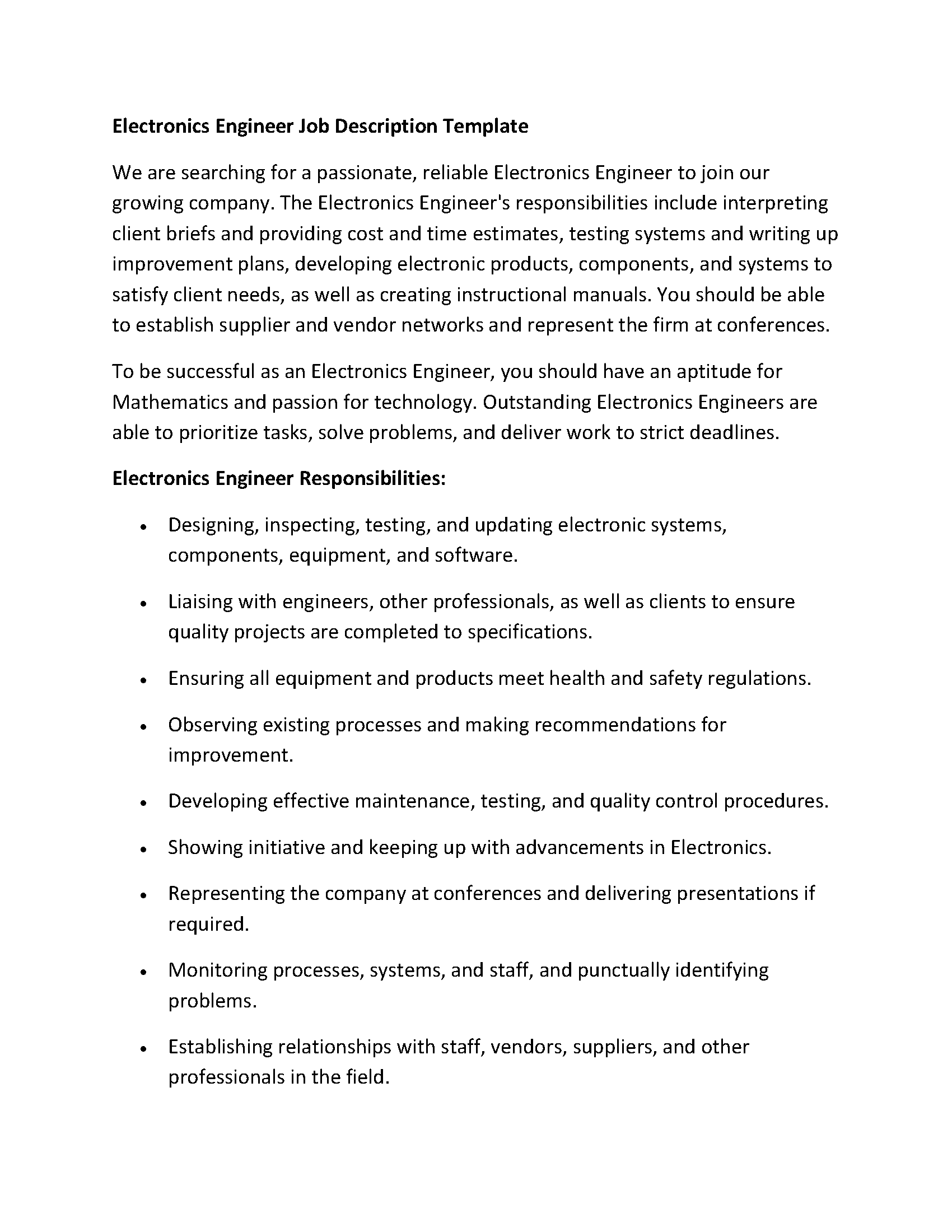 Electronics Engineer Job Description Template